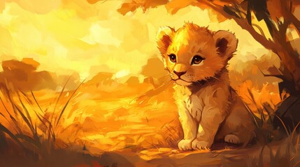 Cute Lion Cub Sitting in a Sunlit Savanna Landscape at Sunset
