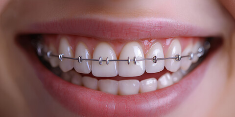 Fototapeta premium Close-up of a smiling mouth with braces on straight white teeth, highlighting dental care and orthodontic treatment