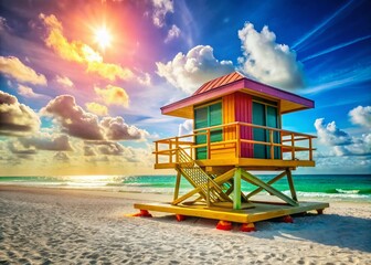 Vibrant Miami Beach: Colorful Sand, Ocean View & Lifeguard Stand Stock Photo