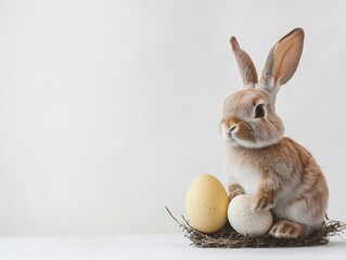 Obraz premium Easter concept: bunny and eggs on white background.