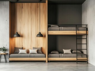 Fototapeta premium Dormitory with industrial loftstyle architecture and exposed concrete, Real Estate Dormitory Architecture, urban modern living