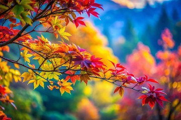Vibrant Multicolored Autumn Leaves Branch Background - Abstract Blurred Wallpaper