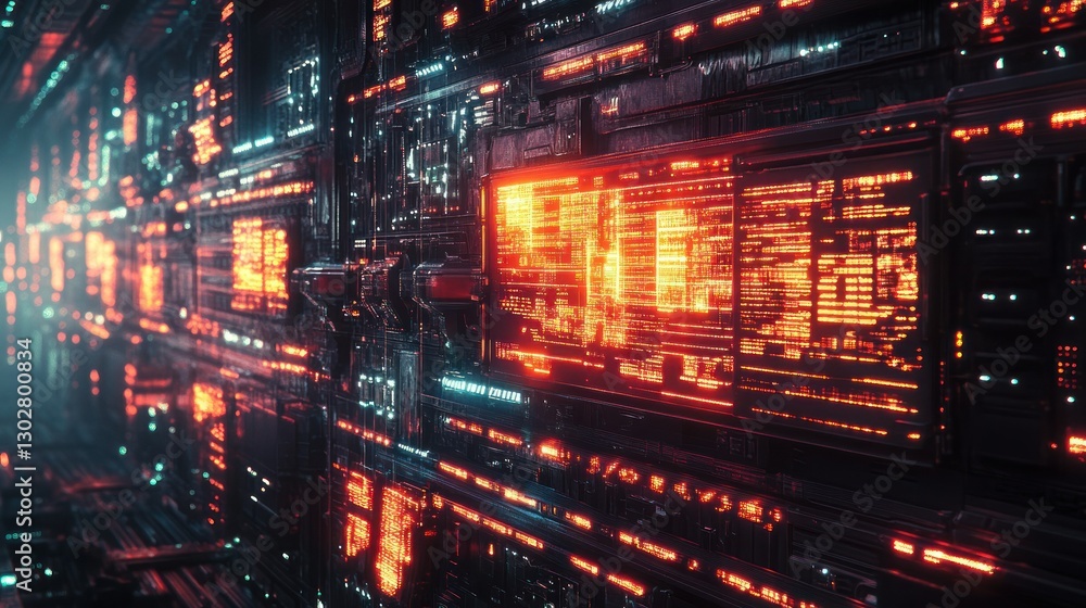 Poster futuristic digital corridor with glowing panels and data streams in a sci-fi environment