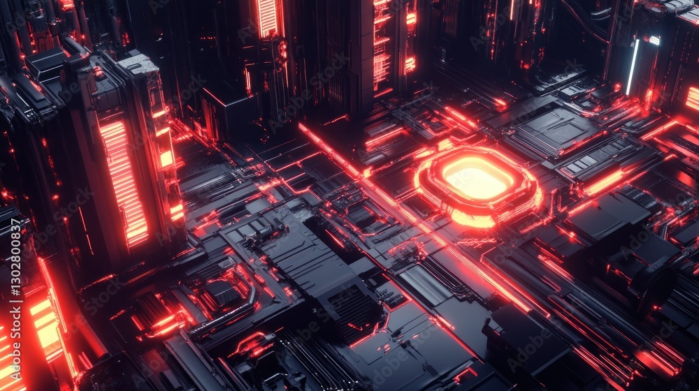 Poster futuristic neon cityscape with glowing red lines and intricate tech structures at night