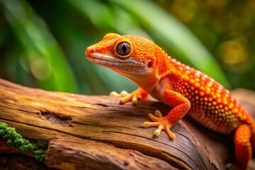 Obraz premium Vibrant Orange Gecko on Log - Vivid Reptile in Natural Habitat