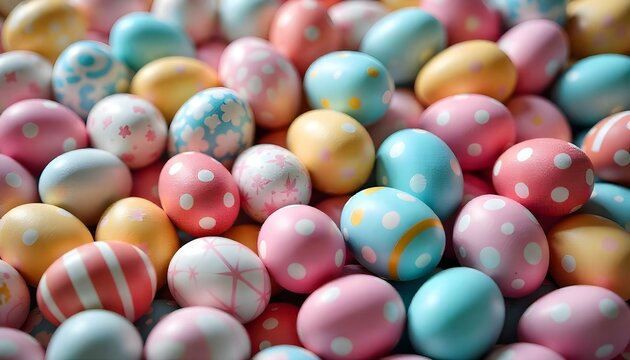 Una toma completa en &aacute;ngulo alto de una pila de huevos de Pascua con diferentes colores y patrones