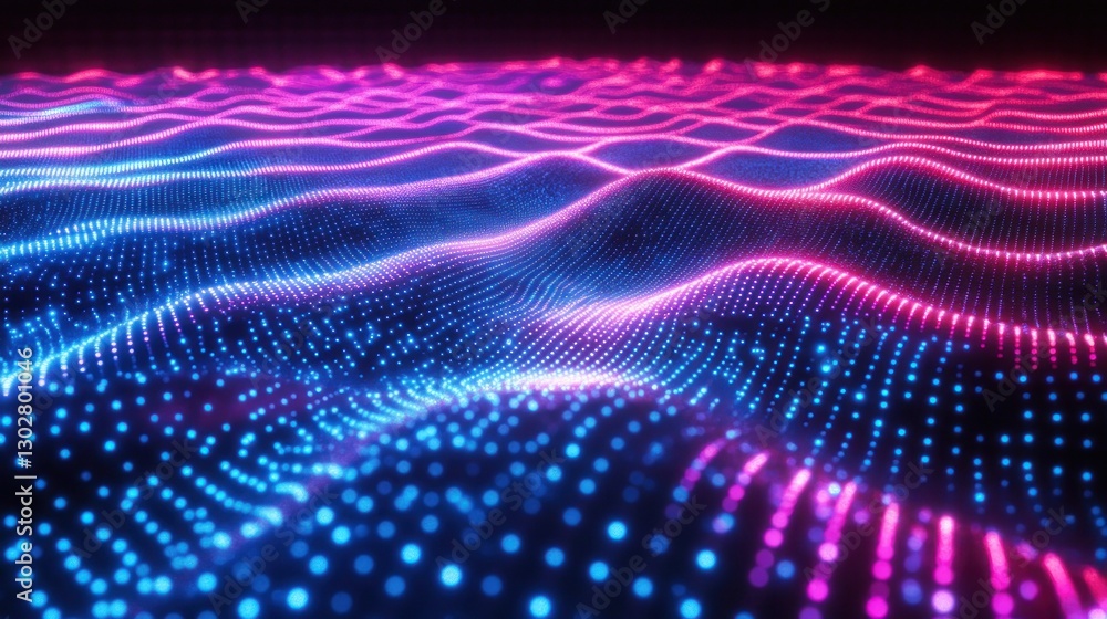 Poster vibrant abstract digital wave patterns in pink and blue tones creating a dynamic visual effect