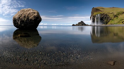 Serene coastal scene with a large boulder, clear water, and a waterfall cascading down a cliff.