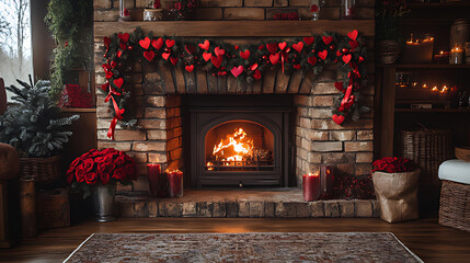 Cozy fireplace, romantic hearts garland, red roses, winter room, Valentine's Day decor