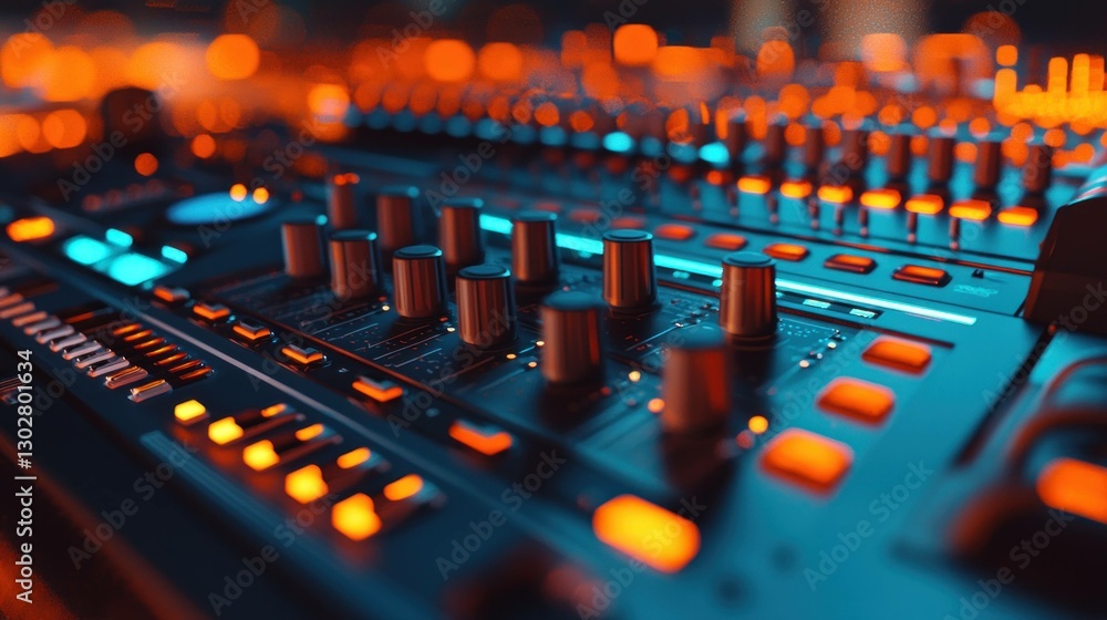 Poster close up of a dynamic audio mixer with colorful lights, showcasing controls and vibrant hues, ideal 