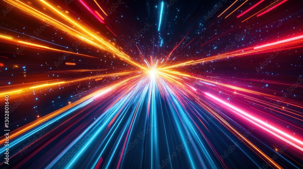 Poster dynamic burst of colorful light rays creating a sense of speed in a cosmic background