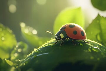 Obraz premium Close-Up of Ladybug on Leaf with Morning Dew and Soft Light