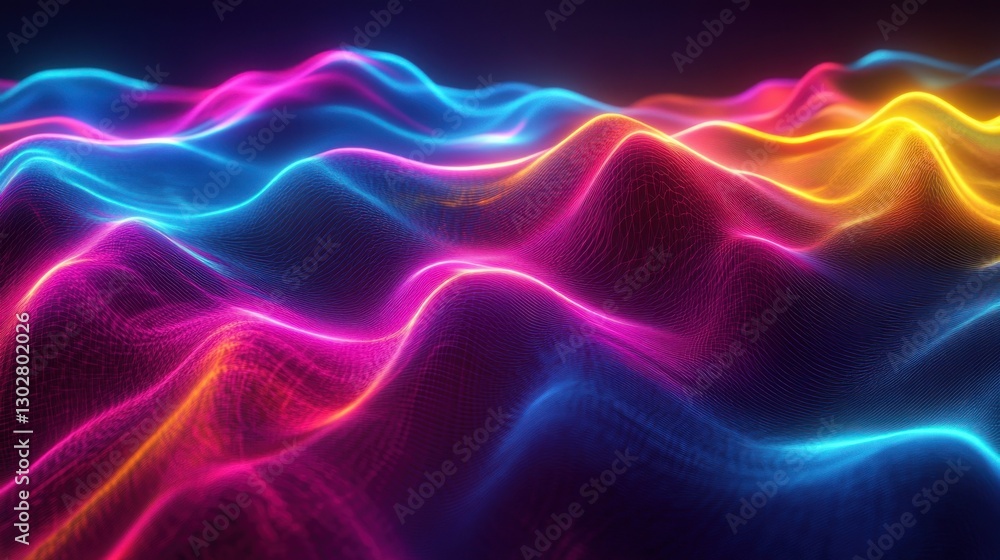 Poster vibrant neon waves undulating in a dark space, creating a mesmerizing abstract background