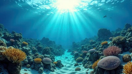 Obraz premium Sunlit underwater view of a coral reef showing signs of bleaching and decay 