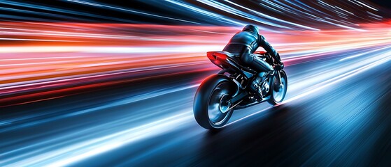 Obraz premium Futuristic Motorcycle Speeding Through a Neon Light Tunnel Leaving a Blur