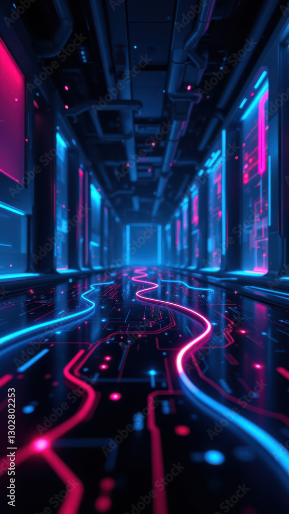Poster futuristic data center with vibrant lights and digital interfaces.