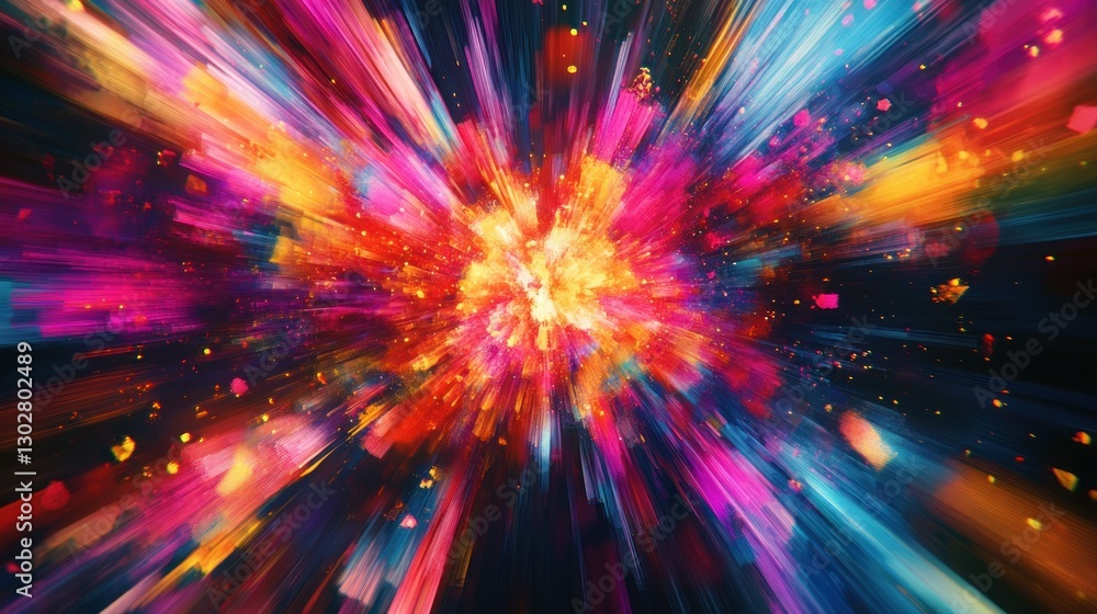Poster vibrant explosion of colors radiating outward, creating a dynamic abstract visual effect