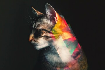 Colorful geometric overlay on a cat s profile, showcasing vibrant hues and a modern artistic concept, emphasizing creativity and feline elegance