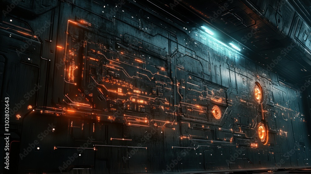 Poster futuristic metallic wall with glowing circuitry and lights in a sci-fi setting
