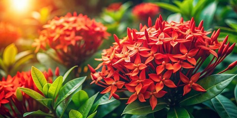 Vibrant Red Ixora Coccinea Flowers Blooming in a Lush Garden - Candid Stock Photo