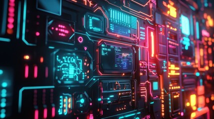 Fototapeta premium A vibrant, futuristic circuit board design illuminated by neon lights, showcasing technology