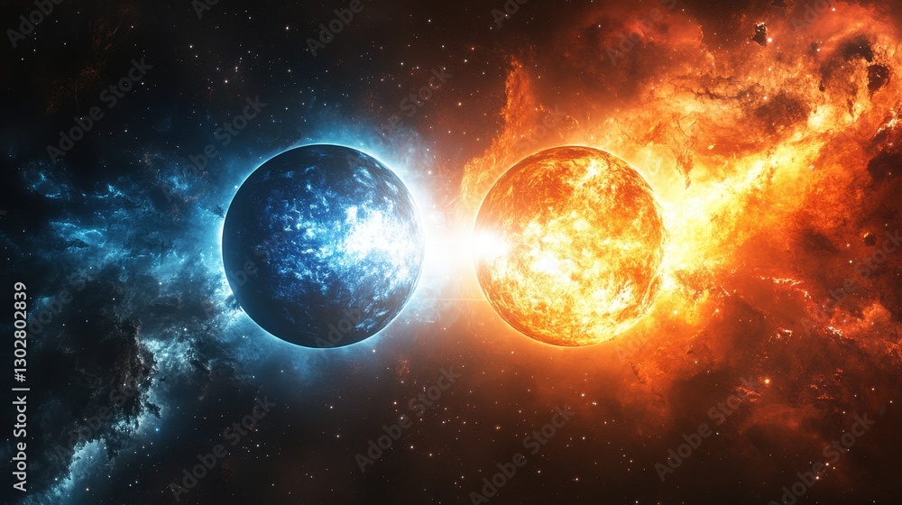 Poster dynamic celestial encounter: explosive collision of two planets in a starry sky with vivid light and