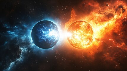 Obraz premium Dynamic Celestial Encounter: Explosive Collision of Two Planets in a Starry Sky with Vivid Light and Energy