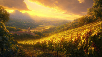 Naklejka premium Picturesque Vineyard Landscape at Sunset: Scenic Views of Rolling Hills and Ripe Grapes in Wine Country