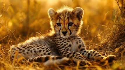 Obraz premium Cheetah Cub Relaxing in Warm Sunset Light Under Golden Grasses