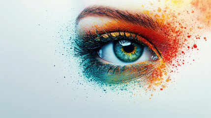 A minimalistic surreal illustration of a floating eye filled with swirling Holi hues, subtle dust trailing off into blank space