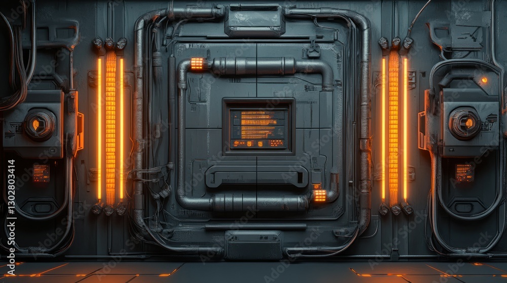Poster futuristic control panel with glowing orange lights and intricate piping in a dark environment