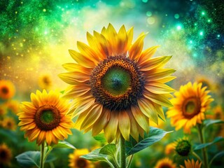 Fototapeta premium Vibrant Sunflowers Double Exposure Green Background Stock Photo