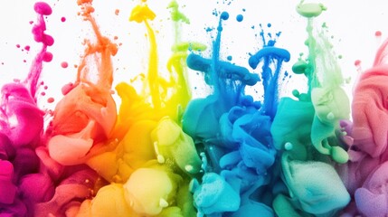 Colorful Ink Cloud Underwater Exploding with Rainbow Hues Against White Background