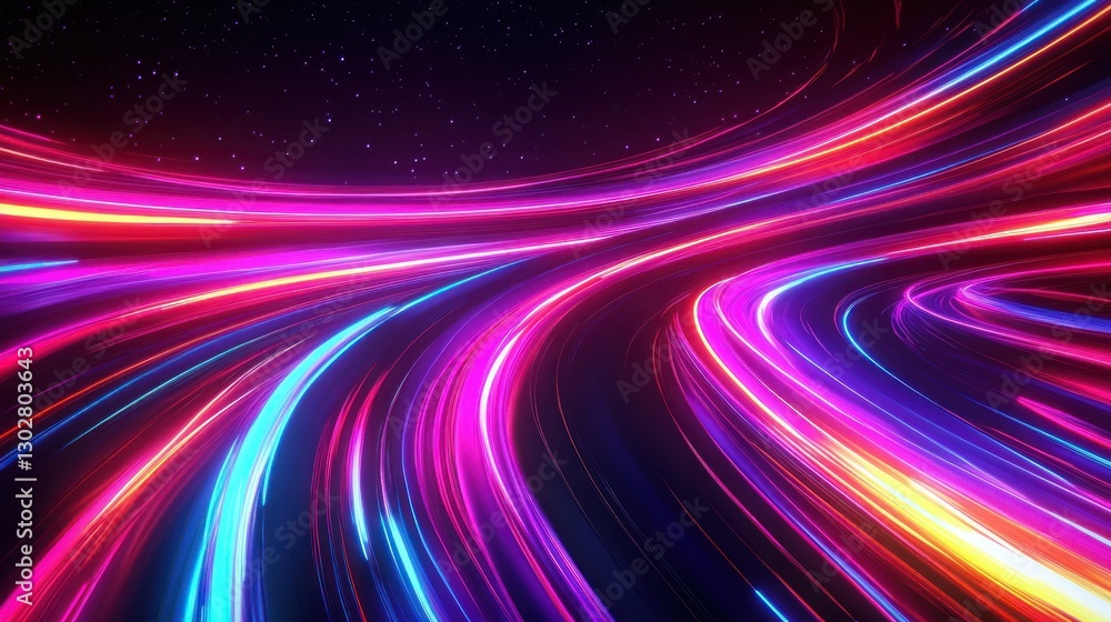 Poster vibrant neon light trails create a mesmerizing abstract scene of motion in a cosmic background
