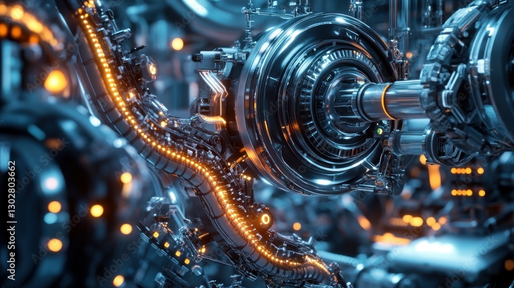 Poster intricate close-up of futuristic machinery with glowing elements and complex structures, showcasing 