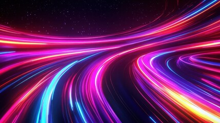 Vibrant neon light trails create a mesmerizing abstract scene of motion in a cosmic background