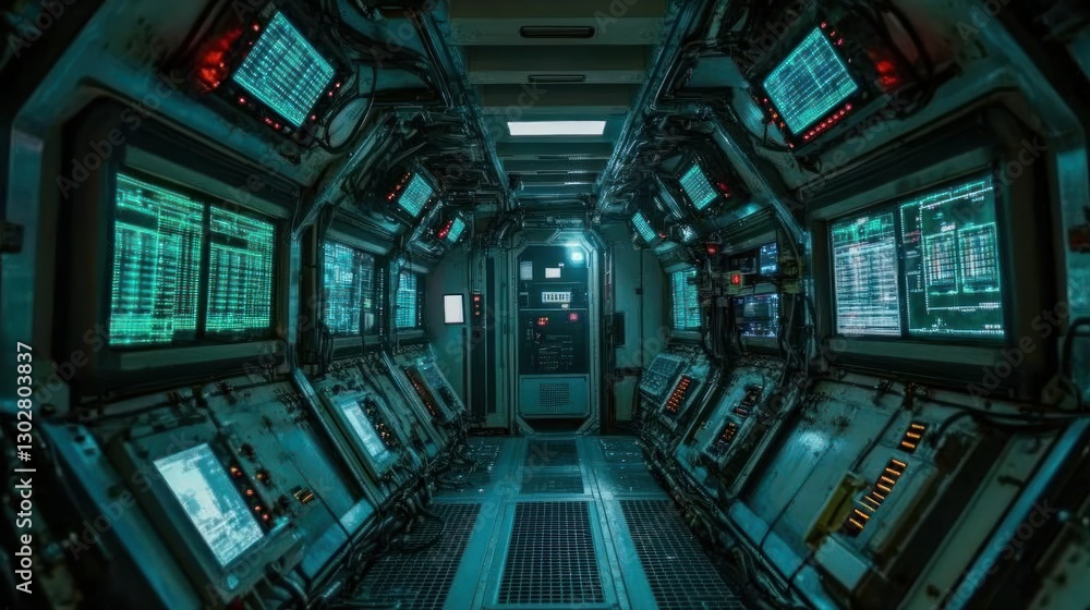 Poster futuristic control room with glowing screens and intricate technology in a sci-fi setting
