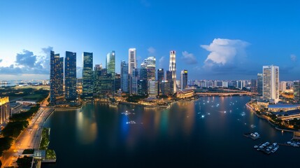 Fototapeta premium Singapore skyline at dawn, cityscape panorama, harbor view