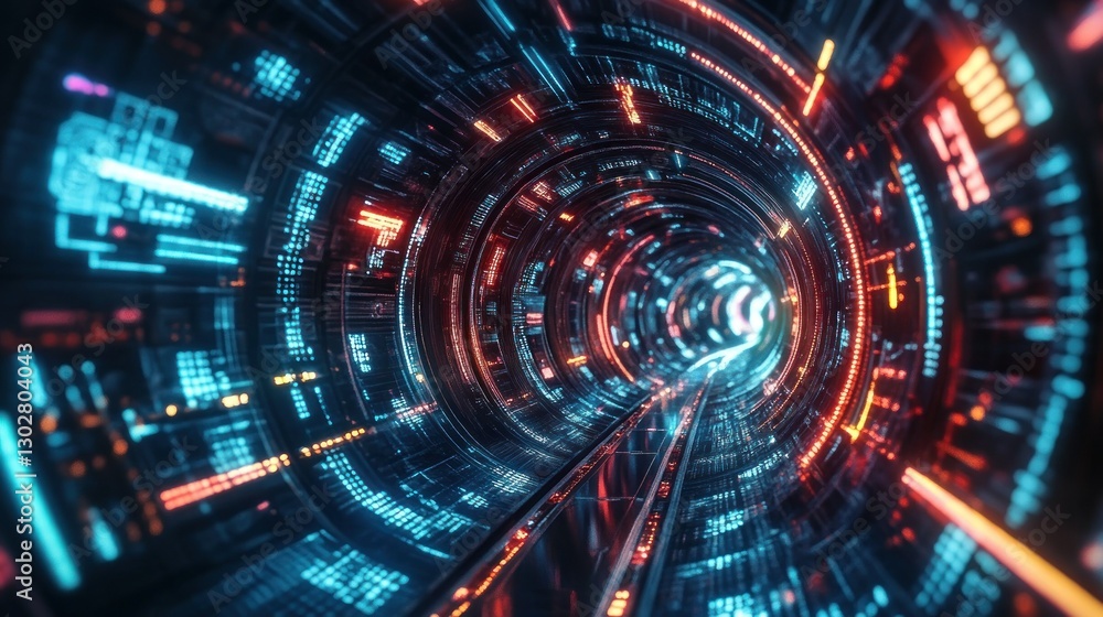Poster futuristic digital tunnel with glowing data streams and vibrant lights, creating a sense of speed