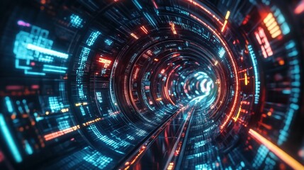 Obraz premium Futuristic digital tunnel with glowing data streams and vibrant lights, creating a sense of speed