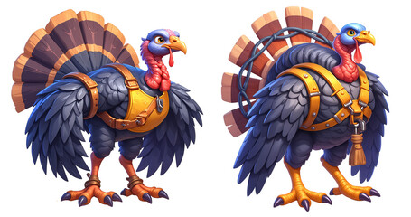 Naklejka premium A whimsical, armored turkey with vibrant plumage and a confident stance, ready for adventure, set against a transparent white background