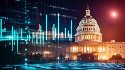 financial data, government building. The image showcases the U.S. Capitol building at night, illuminated with digital graphics representing data and technology.