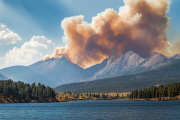 Fototapeta premium Dramatic Smoke Plume Rising from Wildfire in Lake County, Colorado, Framed by Majestic Rocky Mountain Peaks