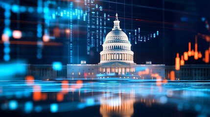 financial data, government building. A futuristic depiction of the Capitol building, enhanced with digital data visualizations and financial graphs representing economic growth.
