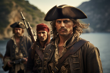 Fototapeta premium Man Pirate. Explore the High Seas, Pirate Flag, and Buccaneer Spirit on a Mysterious Island with Gold, Swords, and Swashbuckling Fun