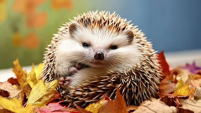 A close-up of a hedgehog curled up in a ball, surrounded by autumn leaves, creating a cozy and adorable scene.