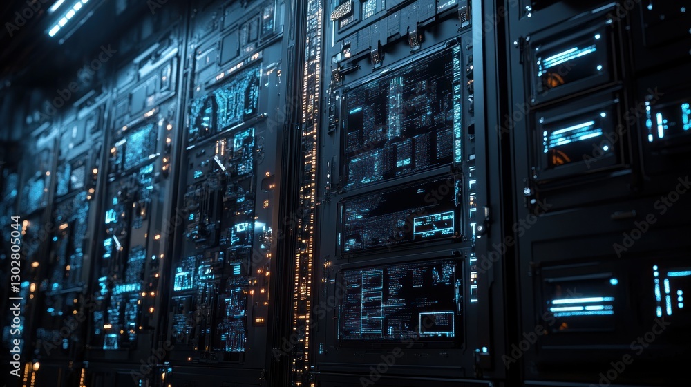 Poster futuristic data center with illuminated server racks showcasing advanced technology and connectivity