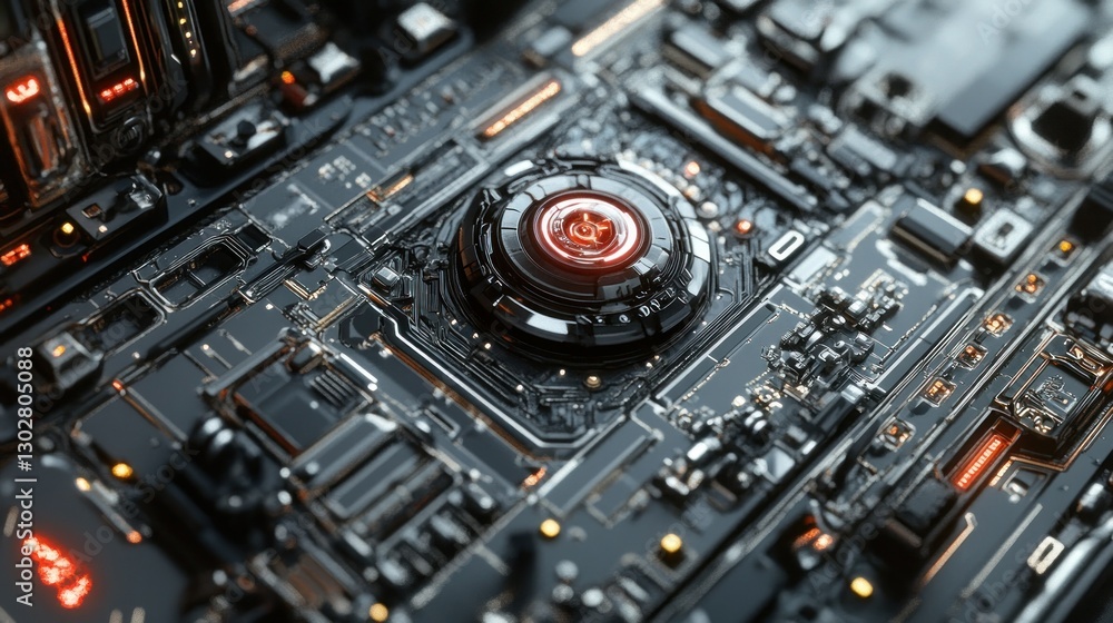 Poster close-up view of a futuristic circuit board showcasing intricate designs and glowing elements