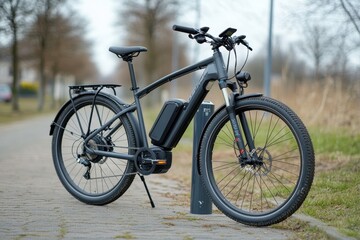 Fototapeta premium E-Bikes at a Charging Station: Close-Up of Rentable Electric Bicycles in Germany for Eco-Friendly Travel