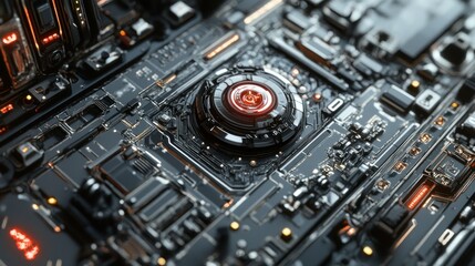 Fototapeta premium Close-up view of a futuristic circuit board showcasing intricate designs and glowing elements